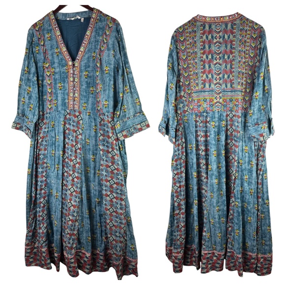 Soft Surroundings San Remo Maxi Dress Sz 24W 3X Gypsy Boho Peasant Blue Kaftan - Picture 2 of 6